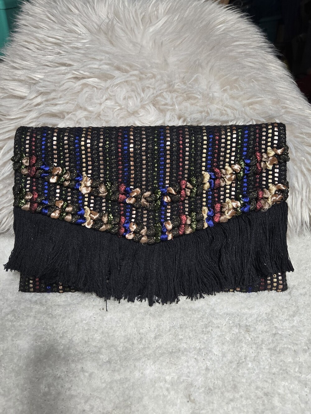 Stella & Dot TAJ Multicolor Metallic Woven/Fringe Trim Envelope Clutch Bag BOHO